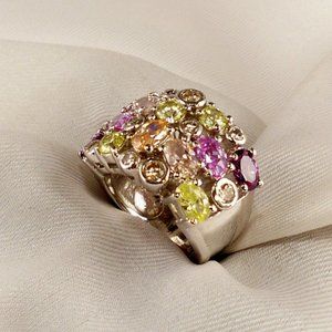 New Vintage Charles Winston Multi colors & Bezel Cubic Zirconias Silver Ring